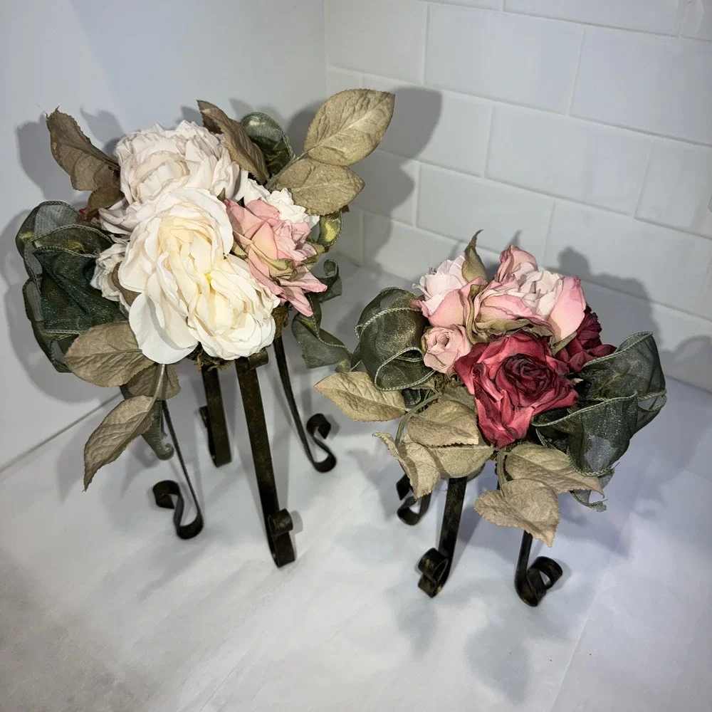 Artificial Pink/Dusty Rose/moss Flower FAUX Bouquet w Iron Legs Green Ribbon‎